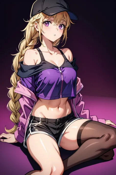 a pretty anime art girl wearing a purple jacket and black pants sitting on her knees, 1girl, solo, breasts, shorts, hat, blonde hair, navel, braid, jacket, long hair, cleavage, baseball cap, pantyhose, twin braids, parted lips, sports bra, purple eyes, off...