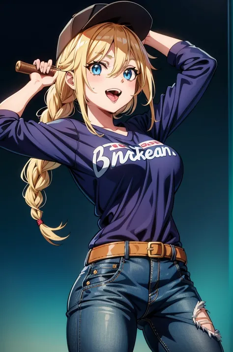 a girls in a cap and baseball uniform holding a baseball bat in a blue and green anime style, 1girl, solo, blonde hair, long hair, hat, braid, blue eyes, denim, twin braids, breasts, looking at viewer, open mouth, arms up, smile, baseball cap, tongue, pant...