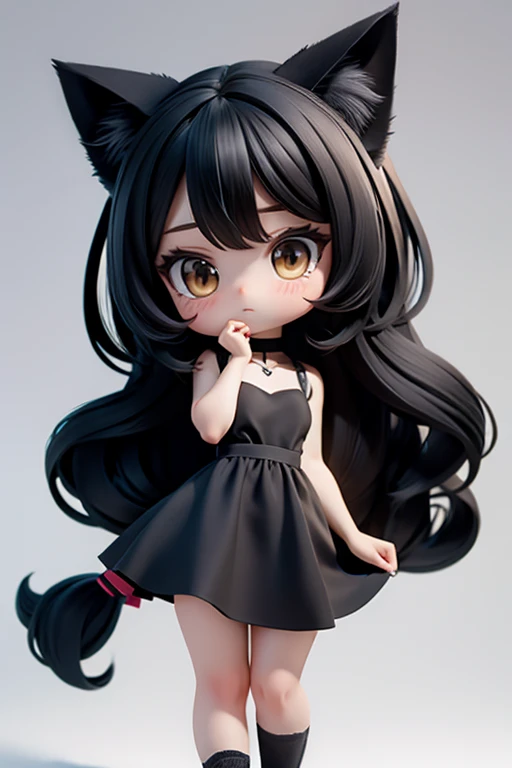 straight hair,whole body,black dress,black hair,white background,long hair,simple background,solo,1 girl,Cat ear,body in front,face forward. spread eagled