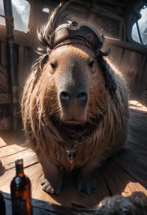 A Capybara, capybara, Capybara pirates with an eye patch and pirate hats and holding bottles of rum, on a ghost ship, intricate details, HDR, beautifully shot, hyperrealistic, sharp focus,  megapixels, perfect composition, high contrast, cinematic, atmosph...