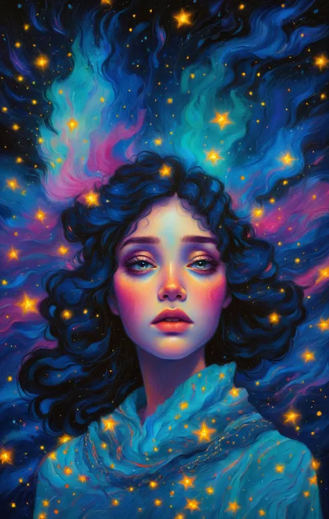 chiaroscuro technique on sensual illustration of an A girl standing under a night sky filled with shooting stars of good fortune. The scene is depicted in the style of an oil painting, with vibrant colors and rich textures. The girl has a dreamy expression...