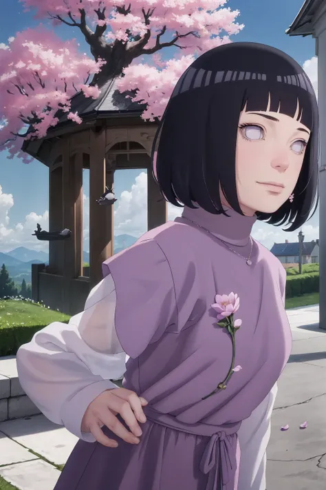 Meisterwerk, absurdres, Hinata(Boruto), 1girls, nur,reifes Weibchen, lila Kapuzenpullover,layered sleeves, braune Hose, al fresco,Lavendelblütenfeld, Blick auf den Betrachter, (falling petals), overcast sky, Perfekte Komposition, Detaillierte Lippen, large...