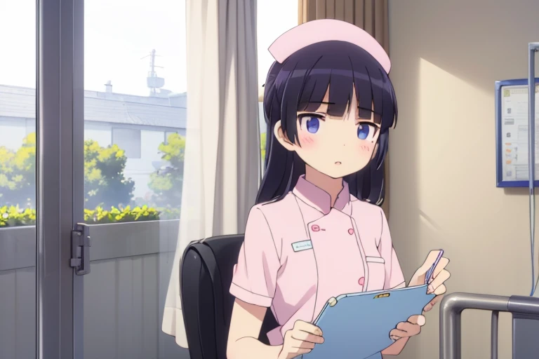 (RAW photo, best quality), 1girl, natural lighting, nurse uniform, nurse cap, hospital, ward,Hime cut