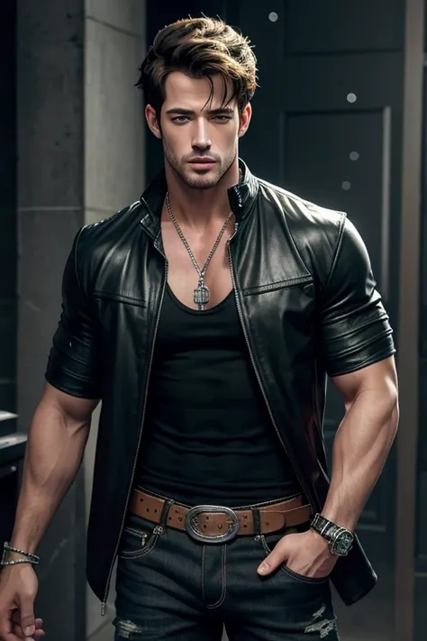 william levy 20-year-old boy with open black jacket, blue t-shirt with snow print, short black hair, punk style, yellow locks, black jeans, green eyes, black leather belt, silver buckle, slim muscular build, cross medallion, silver bracelet, looking straig...