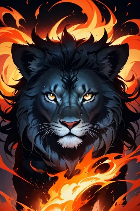 A mesmerizing conceptual art piece featuring an abstract representation of a lion. The lion is meticulously crafted from black flames, with its vibrant, sharp-focused eyes exuding an intense energy that captivates the viewer. The background is clean and mi...