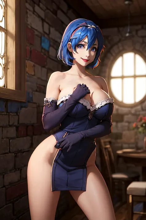 lucina fe, blue hair, blue eyes, blue dress, strapless dress, long white elbow gloves, smile, light red lipstick, dark purple eye shadow, makeup, nudes naugthy hardcore, big breast stunning pussy nswf open legs fingering 