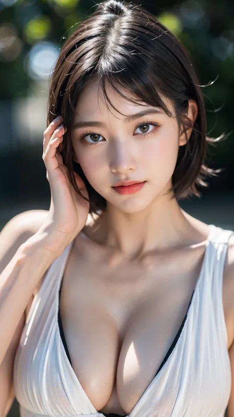 best quality, masterpiece, ultra high res, (photorealistic:1.4), looking at viewer, closeup, silky smooth skin, detailed eyes and face, depth of field, bokeh, detailed lighting, beautiful and adorable, braid, slender body, High exposure of the chest, (surr...