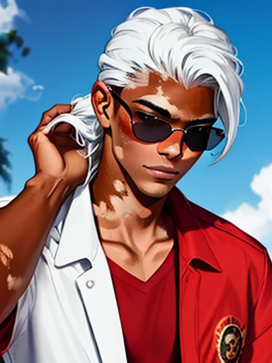 human male, hair style ,red clothing , (( best quality)) ,sun glasses ,((skin black white vitiligo )),