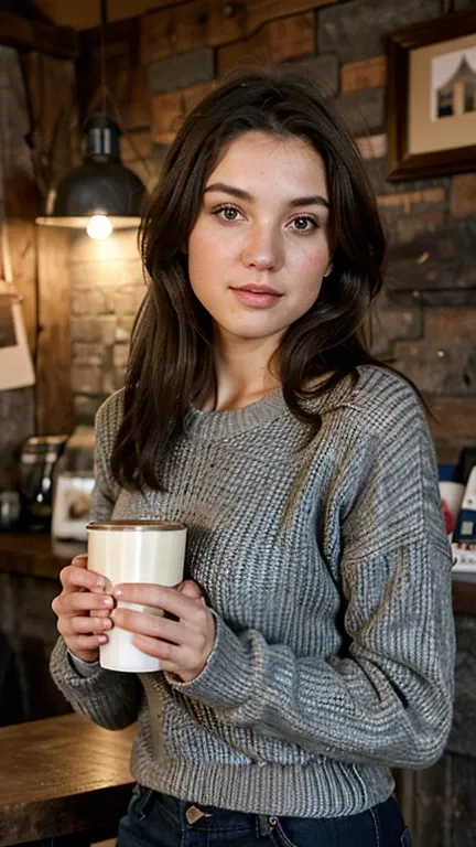 20 years old, Italian girl, same face, cute face, slim body, night time, aqua eyes, brunette hair, cute face, bigger breasts, wearing a plain, soft gray sweater, sipping a cup of coffee at a small, dimly lit coffee shop, with rustic wooden decor and ambien...