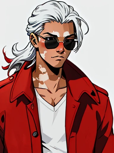 Human Male, hair Style  ,Red Coat  , (( best quality)) ,sun Glasses ,((Skin Black white Vitiligo )), manga Style ,