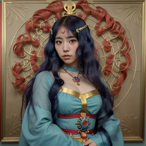 Chica anime con cabello rojo y joyas de oro con un vestido azul aguamarina, retrato, ponyo, , miura, anime coreano art nouveau, hermosa, sacerdotisa medusa