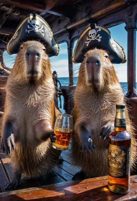 A Capybara, capybara, Capybara pirates with an eye patch and pirate hats and holding bottles of rum, on a ghost ship, intricate details, HDR, beautifully shot, hyperrealistic, sharp focus,  megapixels, perfect composition, high contrast, cinematic, atmosph...