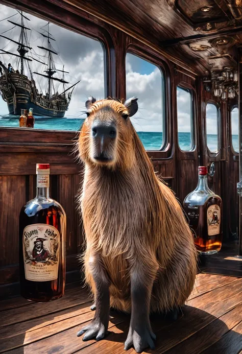 A Capybara, capybara, Capybara pirates with an eye patch and pirate hats and holding bottles of rum, on a ghost ship, intricate details, HDR, beautifully shot, hyperrealistic, sharp focus,  megapixels, perfect composition, high contrast, cinematic, atmosph...