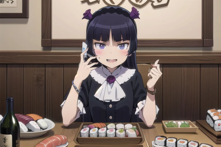 (ruri gokou), masterpiece, highest quality, one girl, alone, hime cut, gothic lolita, lolita fashion, head band,restaurant,open ...