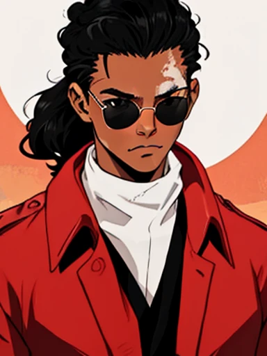 human male, hair style  ,red coat  , (( best quality)) ,sun glasses ,((skin black white vitiligo )), manga style , black gloves ...