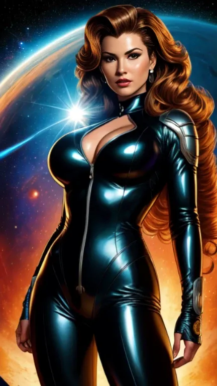 masterpiece,very sharp image,((American Comics style)),((The Perfect One Woman)),((one person)),retro space futurism, beautiful detailed face,hi-tech armor overl catsuit, long curly hair,in deep space, with several planets and suns in the background, Excel...