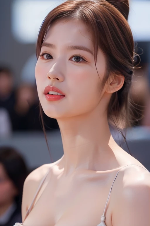 highest quality, masterpiece, Ultra-high resolution, (Realistic:1.4), RAW Photos, simple gray background, ((Too much exposure、ballerina、I can see her cleavage)), Looking at the audience