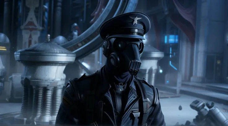 arafed man in a black uniform and a black hat, 2003 cinematography, still from a live action movie, still from a ridley scott movie, scene from live action movie, zack snyder cinematography style, t-1000, 8 k movie still, cinematic movie shot, wolfenstein,...