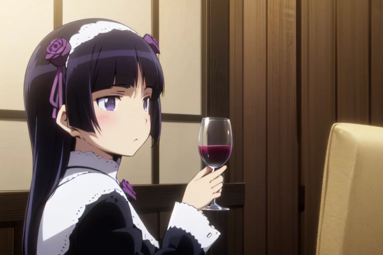 (ruri gokou), masterpiece, highest quality, One Girl, alone, Hime cut, Gothic Lolita, Lolita Fashion, head band,Drinking wine, wine glass