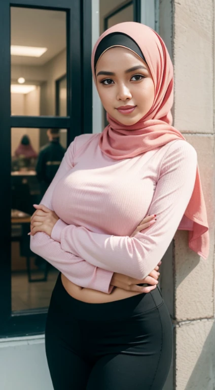 RAW, Best quality, high resolution, masterpiece: 1.3), beautiful Malay woman in hijab,Masterpiece, perfect slim fit body, (Huge breasts), big gorgeous eyes, Soft smile,woman wearing a pink top and black pants posing for a picture, hijab, lovely woman, mala...