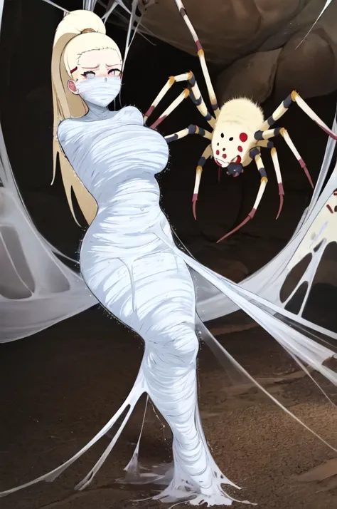 masterpiece, best quality, 1 girl, solo, looking at viewer, Yamanaka ino, length hair, floating hair,  (arms behind back:1.4), hanging,spiders in the web,long spider, desperate，struggle, entangled, embarassed face, despair,cocoon, screaming, outdoor, despe...