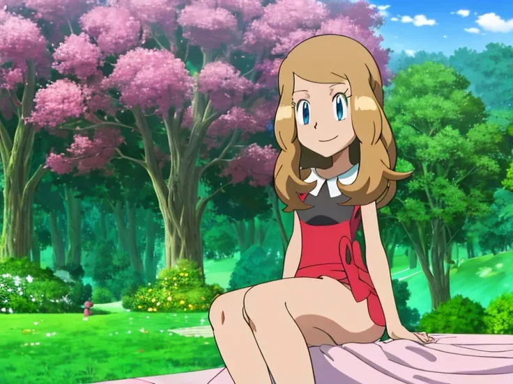 masterpiece, best quality, highres, in a park, depth of field, city in background, 1girl, solo, serena (pokemon), seductive, underwear, looking at viewer, bare legs curled under, bare feet, side, seated on the bed, closed mouth, smiling.