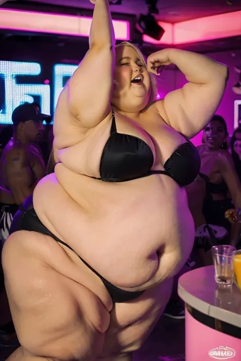 masterpiece, best quality, an obese ssbbw girl dancing in a nightclub, bbw, ssbbw, obese, massive, fat, blonde, bikini, thight bikini, cow bikini,