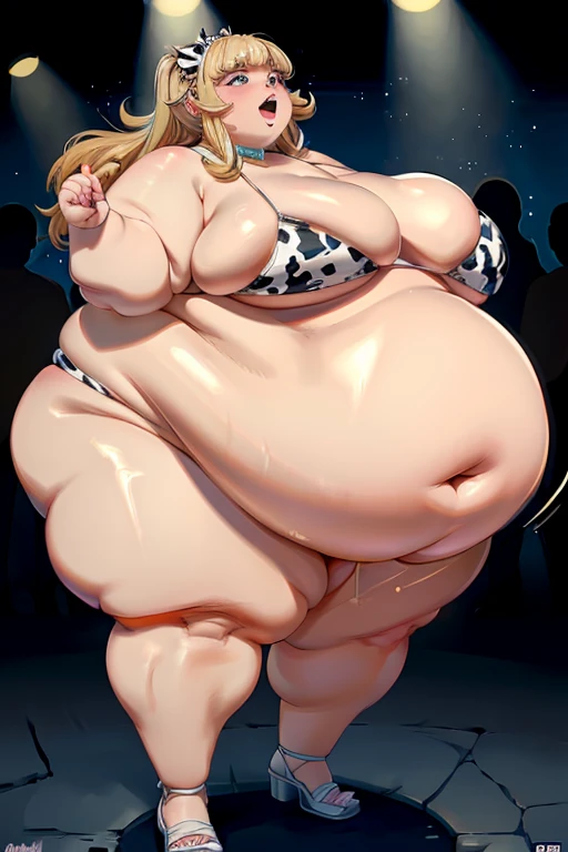 masterpiece, best quality, an obese ssbbw girl dancing in a nightclub, bbw, ssbbw, obese, massive, fat, blonde, bikini, thight bikini, cow bikini,