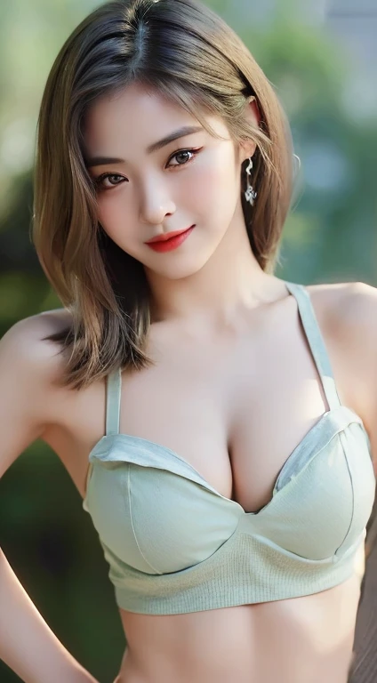 ((highest quality, 8k, masterpiece :1.3)), 1 person, ((Beautiful woman with slim abdominal muscles: 1.3)), (Casual Hairstyles, Big Breasts: 1.2), Casual wear: 1.2, interior, Highly detailed face, Delicate eyes, double eyelid, Soft Breasts, smile, Exposed c...