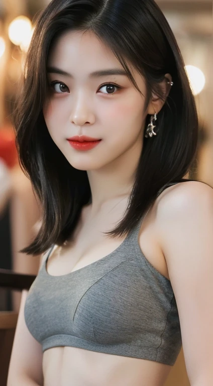 ((highest quality, 8k, masterpiece :1.3)), 1 person, ((Beautiful woman with slim abdominal muscles: 1.3)), (Casual Hairstyles, Big Breasts: 1.2), Casual wear: 1.2, interior, Highly detailed face, Delicate eyes, double eyelid, Soft Breasts, smile, Exposed c...