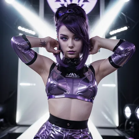 a 25-year-old girl pop/electronic artist with striking purple hair and porcelain skin, With chrome clothes. Her vibrant appearance mirrors the electrifying energy of her performances, captivating audiences with her unique style and magnetic stage presence