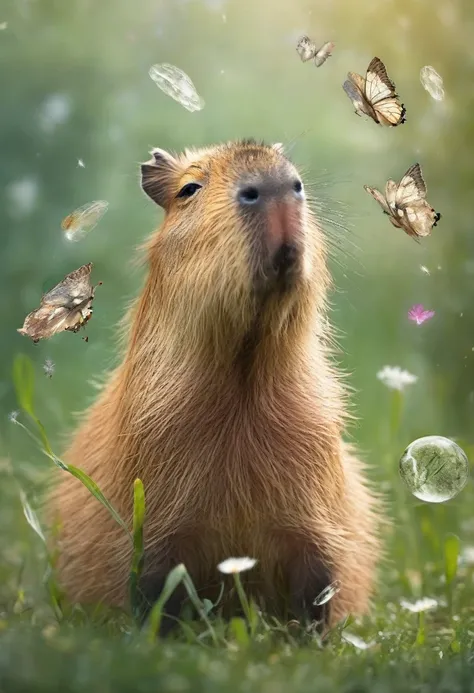 A Capybara, capybara, Yawning baby capybara, Soft god rays. Cute fat capybara chasing snowflakes, Thawing snow, spring flower buds, grand fantasy meadow, low angle shot, mystical (translucent butterflies:1.1) (runes:1.7), soft natural light, high res fanta...