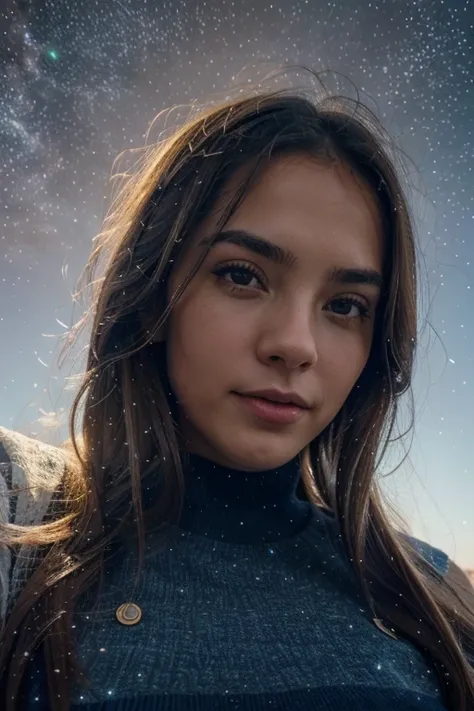 Alto detalle, super detail, super high resolution, girl enjoying her time in the galaxy of dreams, rodeado de estrellas, a warm light sprinkled on her, El fondo es un cielo estrellado con galaxias coloridas y nubes de galaxias., estrellas volando a su alre...