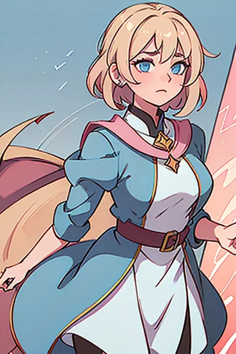 Woman, short blonde hair with pink highlights and blue eyes, medieval robes made of brown leather and light blue fabric