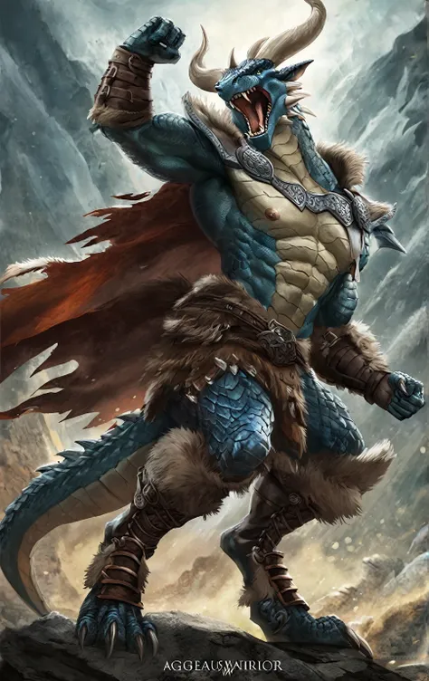 Dragon warrior, by ageaus,comic book style, illustration, solo, abs, viking, light blue detailed scales, majestic horns, rough scales, plated scales, ferocious, male, [[proud pose]], nipples, masterpiece, best art, armor, full body, boots, roaring, digitig...