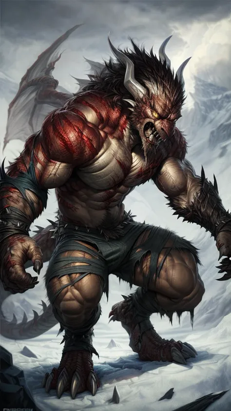 Viking man transforming into dragon, muscular, angry , expressive, torn outfit, masterpiece, best art, insane res, good anatomy, transformation, snowy backfround, by darkgem, abs, pecs, drool, scarred, detailed scales, spiked back, masculine aura, spread l...