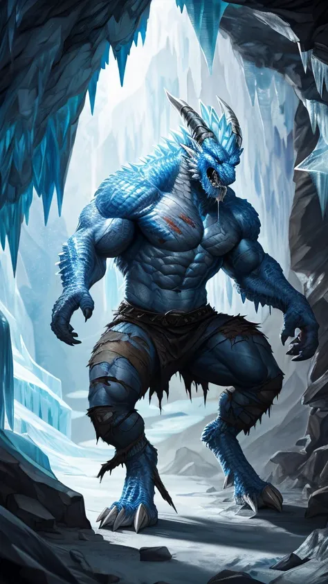 Human Viking man transforming into ice dragon, muscular, angry , expressive, torn outfit, masterpiece, best art, insane res, good anatomy, transformation, icy  cave background, by darkgem, abs, pecs, drool, scarred, detailed scales, spiked back, masculine ...