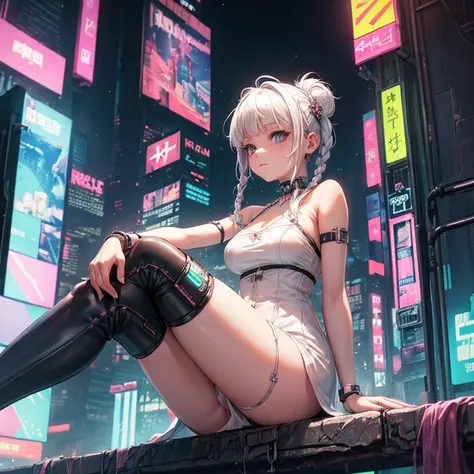 (((enchanting))), (((cyberpunk))). Whimsical cute girl sitting alone in the park at night. Girl, teen, thick horizontal bangs , white hair, short straight hair, long thin braids, short white halter dress, black shorts, long Harajuku socks, innocent, mastur...