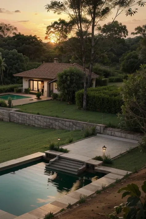 IMAGEM DE UMA CASA simples no campo, WITH PLANTATIONS AROUND and a fish dam FRONT OF THE HOUSE AT SUNSET