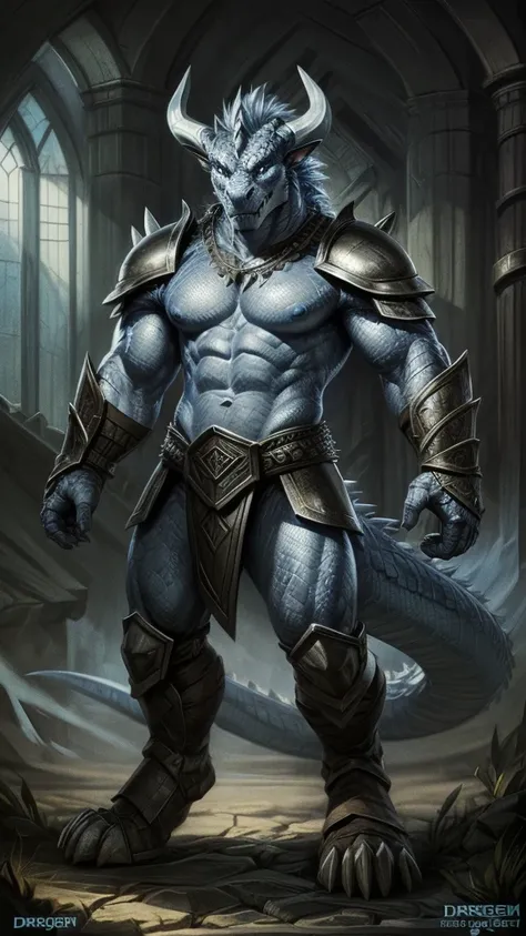 Dragon warrior,comic book style, illustration, solo, abs, viking, light blue detailed scales, majestic horns, rough scales, plated scales, ferocious, male, [[proud pose]], nipples, masterpiece, best art, armor, full body, boots, digitigrade, by darkgem, sp...