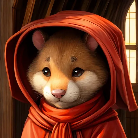 Eine maus mit orangem fell in roter  katholischer paps robe mit hut , in einer kirche, looks shy