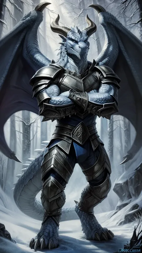 Dragon warrior,comic book style, illustration, solo, viking, light blue detailed scales, majestic horns, rough scales, plated scales, ferocious, male, [[proud pose]],, masterpiece, best art, armor, full body, digitigrade, by darkgem, spikes, snowy forest b...