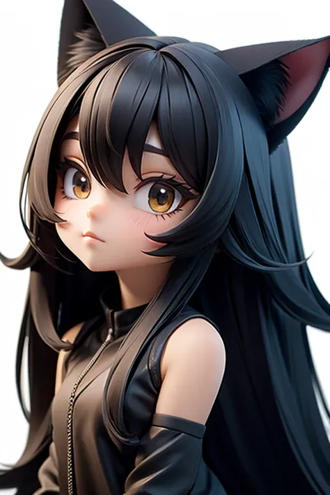 straight hair,black hair,white background,long hair,simple background,solo,1 girl,Cat ear,face forward. head only