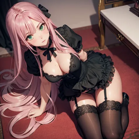 detailing, incredible detail, Detailing clothes, Lip detailing, detailing of panties, 1 girl, beauty, pink flowing hair, Beautiful green eyes, black dress, stockings with garters, stands on all fours, legs apart, looks at the camera, seductive look, view f...