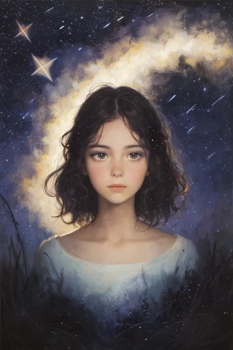 chiaroscuro technique on sensual illustration of an A girl standing under a night sky filled with shooting stars of good fortune. The scene is depicted in the style of an oil painting, with vibrant colors and rich textures. The girl has a dreamy expression...