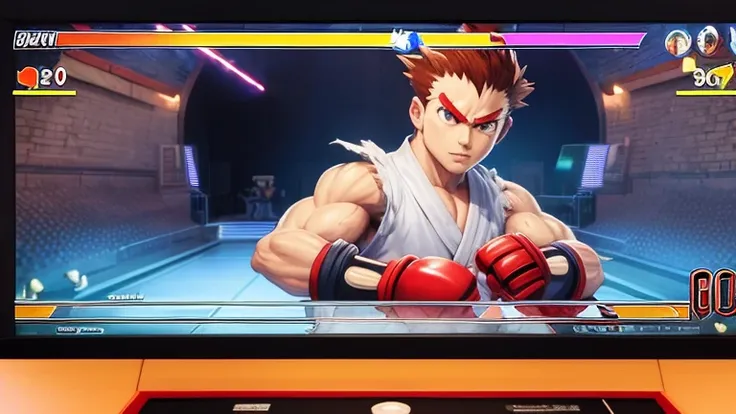 (Street Fighter characters,Shou is playing a game),arcade game,Hit the button hard,Intense lever operation,