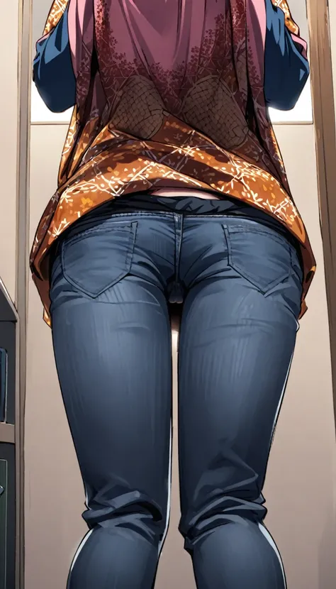 A woman trapped in the haunted office room, wearing hijab, batik shirt, pull down her sagging denim jeans, panties accidentally exposed, hands on her head, close view