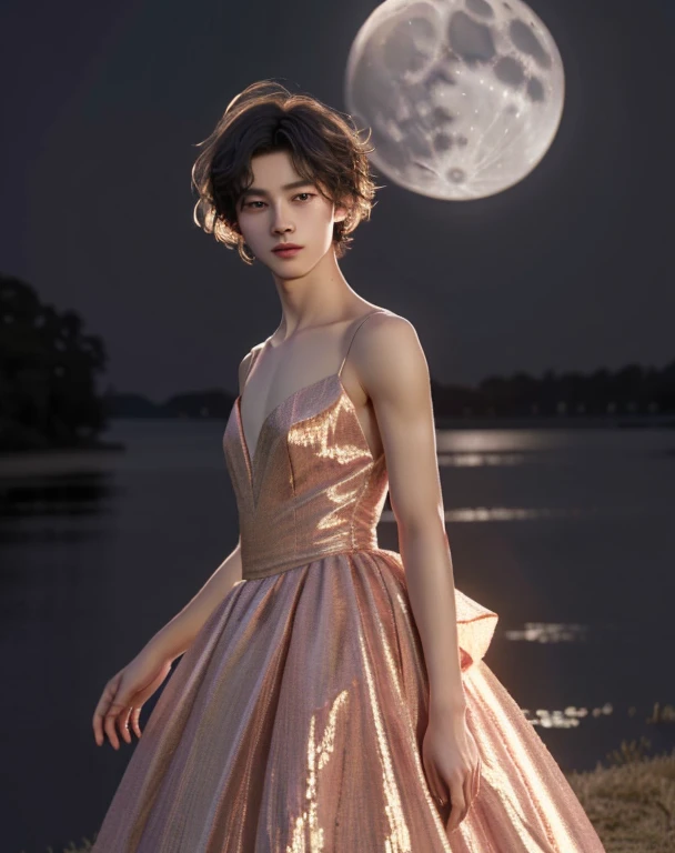 (best quality,highres),1boy, shy character, detailed handsome face,blushing cheeks,attractive man,nighttime,masterpiece:1.2,dressed in a stunning gown,mesmerizing eyes,soft and glowing skin,short hairstyle,elegant pose,dark fantasy aesthetic,dramatic light...