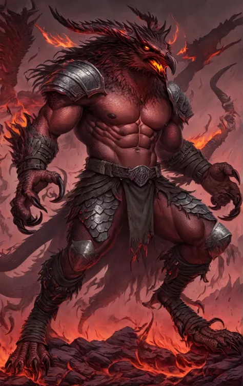 demonic bird anthro warrior,comic book style, illustration, solo, abs, viking, detailed scales, majestic horns, ferocious, male,...