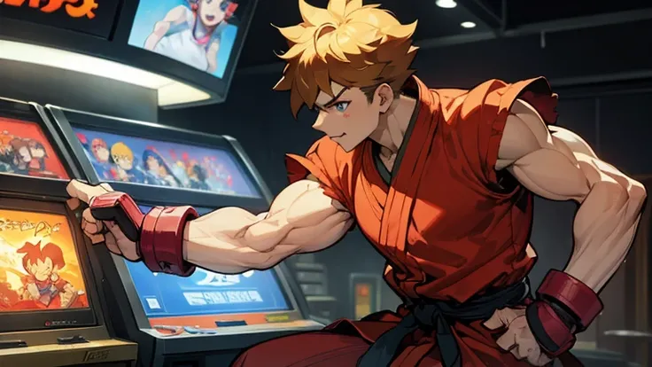 (Street Fighter characters,Shou is playing a game),Arcade,Hit the button hard,